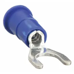 Insulated fork terminal with blue vinyl insulation, rated for 1000V. Accepts 16 AWG to 14 AWG wire and fits #10 studs. Funnel-entry barrel simplifies wire insertion. Used for terminating wires in electrical connections requiring a secure, removable stud connection.