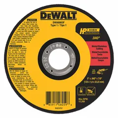 Type 1 cut-off wheel for carbon and stainless steel. Aluminum oxide construction with 60 grit. Measures 5" diameter, 0.04" thickness, 7/8" arbor hole. Suitable for cutting metal stock, tubing, and sheet metal in fabrication and repair work.