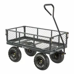 This flow-through high-volume side-panel metal deck truck is designed for moving bulk materials in warehouses and industrial facilities. It features a 34 in L x 18 in W x 12 13/16 in H deck, a D-shaped handle, and a 14 ga frame in gray. The side-panel construction allows efficient material transport and order-picking.