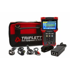 The TRIPLETT CamView IP Pro-D is a control test and video transmission tester with an RJ45 input and LCD display. It is designed for use with DHCP networks and compatible with TVI camera systems to verify video transmission functionality.