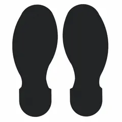 This footprint-shaped floor marking tape is made of 8 mil thick polyester with a solid black finish and no legend. Each piece measures 3 1/2 inches by 10 inches, supplied in a 10-pack. It is used to designate pedestrian walkways or standing positions in industrial facilities, helping to guide foot traffic and improve safety.