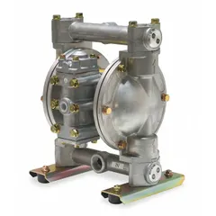This air-operated double diaphragm pump features a 316 stainless steel housing and seat material, with EPDM check valves. It has 3/4 inch NPT connections and a flow rate of 28 gpm. Suitable for industrial fluid transfer applications including handling corrosive or abrasive liquids.