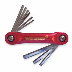 Folding hex key set with SAE sizes, standard short ends, and chrome finish. Includes 5 pieces stored in an organizer. Used for tightening or loosening hex socket screws and bolts in general maintenance and repair tasks.