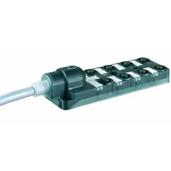 This passive sensor junction block consolidates multiple sensor signals into a single homerun cable. It features 8 ports with 5-pole M12 female connectors, a 10 m cable length, NPN electrical design, and IP65 rating for protection against dust and water jets.