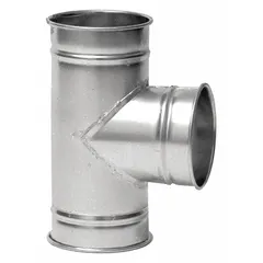 Stainless steel branch fitting for 6-inch duct diameter with a 90° angle and 14-inch overall length. Used in ventilation, dust collection, and material handling systems to redirect airflow or material flow.