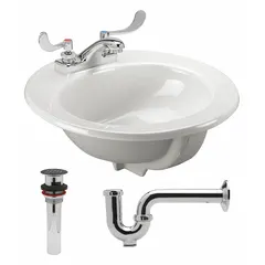 This ZURN countertop bathroom sink is made of white vitreous china, offering a smooth, non-porous surface for easy cleaning. It measures 19-1/4 inches in overall length and 19 inches in overall width, with three faucet holes to accommodate widespread faucets. The sink includes a trap for simplified plumbing connections, suitable for residential or commercial bathroom installations.