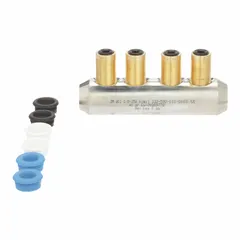 This in-line splice connector with shearbolts is designed for joining two aluminum conductors. It accommodates wire sizes from 2 AWG to 250 kcmil, providing a mechanical splice for power distribution and electrical installations.