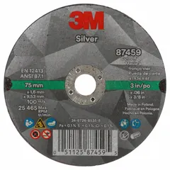This 3M cut-off wheel is a Type 1 wheel with a 3-inch diameter, 0.06-inch thickness, and 3/8-inch arbor hole. It features ceramic grain in 36 grit and is designed for cool cutting on carbon and stainless steel. Suitable for metal fabrication, maintenance, and repair tasks requiring reduced heat buildup.