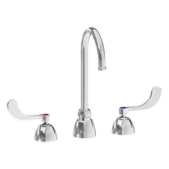 This widespread handle bathroom faucet is constructed of cast brass with a polished chrome finish. It includes mounting hardware for installation. Suitable for washroom applications in commercial and residential settings.