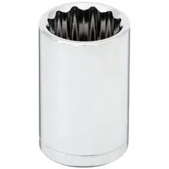 This 1/2" drive hand socket features a 7/16" SAE socket size with a 12-point configuration for improved grip on hex fasteners. The chrome finish provides corrosion resistance. Suitable for tightening or loosening bolts and nuts in automotive, machinery, and general assembly applications.