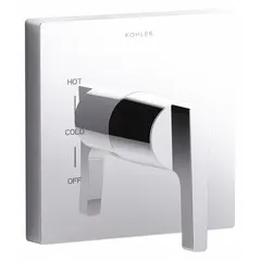 This valve trim lever kit includes a metal handle and square metal trim plate in a chrome finish. It is designed for use with KOHLER K-8304 or K-2971 pressure-balancing valves with diverters, providing control of water flow and temperature in bathtub and shower applications.