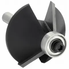 Carbide-tipped router bit with a 1-1/2 in cutter diameter and 2 flutes. Designed for creating beveled edges on wood, plastic, and composite materials in woodworking and cabinetry applications.