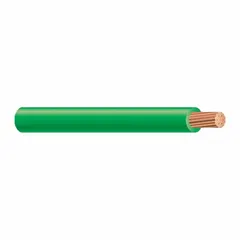 Single-conductor stranded copper building wire, 1/0 AWG, with THHN/THWN-2 insulation rated 600 V. Green jacket for identification or grounding. 1000 ft length. Suitable for conduit, raceway, or cable tray installations in power distribution, lighting, and control circuits.