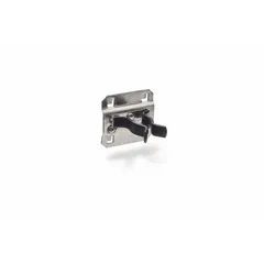 Surface-mount spring clip toolholder for square-hole pegboard. Made of vinyl-coated black stainless steel with three hooks (2-1/8 in depth) and ABS retainers for securing small tools. Includes ABS retainers.