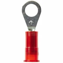 Nylon-insulated ring terminal for #10 studs, accepting 22 to 18 AWG wire. Rated 1000 V. Used for secure crimp connections in control panels, power distribution, and automation systems requiring vibration-resistant terminations.