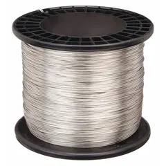 This stainless steel wire, 0.032 inches in diameter and 1,800 feet long, is used for securing identification tags in industrial environments. The silver finish provides corrosion resistance for long-run tagging applications in facilities and manufacturing plants.