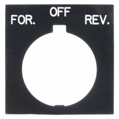 Rectangular non-metallic legend plate for 30 mm panel mounting. Black body with white legend area, marked 'For-Off-Rev' in English. Overall height 3 1/4 in, width 2 1/8 in. Used to label push-button stations in industrial control panels for forward, off, and reverse functions.