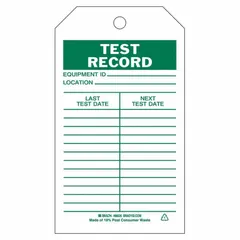 Green/white rectangle matte safety tag made of heavy duty polyester. Each pack contains 10 tags measuring 4 inches wide by 7 inches high. Used for documenting and identifying equipment that has passed inspection or testing in industrial environments.