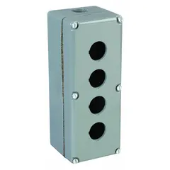 Aluminum enclosure with four 30mm holes for mounting push button operators. Rated NEMA 1, 12, 13, 3, 4, and 6 for indoor and outdoor use where protection against dust, water, and corrosion is required. Suitable for industrial control stations and operator interface applications.