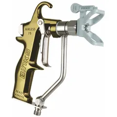 This BINKS airless spray gun twist tip is designed for applying paints. It is compatible with the Binks MAG II series and model 0511-OHTO. The tip is gray and includes a seal gasket for installation.
