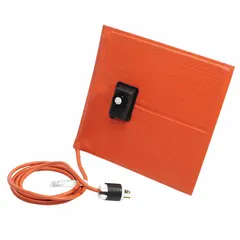 Fiberglass-reinforced silicone rubber heating blanket with adhesive backing for secure attachment. Measures 18 x 18 inches with 3/16-inch thickness. Grounded and moisture-resistant for use on pipes, tanks, or equipment requiring controlled surface heat.