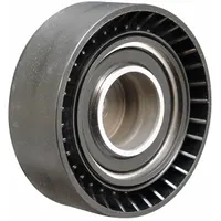 Flat, flangeless serpentine idler pulley made of polymer for light-duty vehicle belt drive systems. Maintains belt tension and alignment in serpentine belt applications