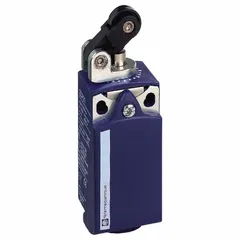 This limit switch features a top-mount roller-plunger actuator and a non-metallic thermoplastic housing. It uses screw clamp terminals for wiring connections. Typical applications include position sensing and control in industrial automation, such as detecting object presence on conveyor systems or packaging equipment.