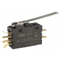Snap-action switch with hinge lever actuator and 2NO/2NC contact configuration. Rated 15 A at 240 V AC. Quick-connect terminals for easy wiring. Suitable for position sensing, limit switching, and interlock circuits in industrial machinery and conveyors.