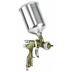 This conventional spray gun is designed for applying coatings and paints in industrial finishing, automotive refinishing, and general manufacturing. It delivers an 8 to 12 inch spray pattern and includes a hardened stainless steel, heat treated fluid nozzle. The gun has a 1/4 inch air inlet and consumes 10.6 cfm at 30 psi.