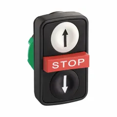 Non-illuminated multihead push-button operator with three flush-profile buttons and a Stop function. Features momentary/momentary/momentary operation and 22 mm mounting size. Suitable for industrial control panels requiring multiple push-button functions.