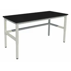 This adjustable-height lab table features a pearl white epoxy surface that resists chemicals and impacts. The height adjusts from 30 to 36 inches to accommodate standing or seated tasks. Overall dimensions: 24 in width, 36 in height, 4 ft length. Suitable for laboratory, industrial, and assembly area workstations.