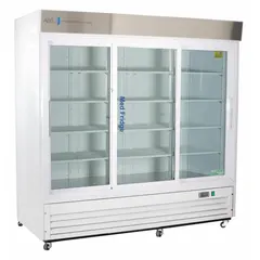 This upright pharmacy refrigerator provides 69 cu ft of storage capacity with a sliding glass door for easy access and visibility. It maintains a temperature range of 2°C to 7°C, suitable for storing vaccines, medications, and biological samples in clinical and laboratory settings. The unit features a temperature alarm and uses R-290 refrigerant. Overall depth is 33 1/4 inches.