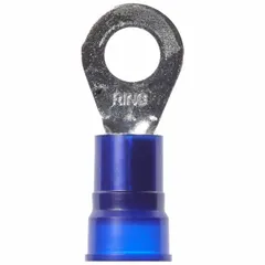 Nylon-insulated ring terminal rated for 1000 V. Accepts 6 AWG wire and fits 5/16 in studs. Used for secure electrical connections in power distribution, control panels, and equipment wiring.