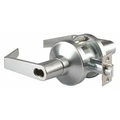 Classroom security lever lockset in satin chromium-plated die cast zinc. ADA compliant with LFIC core. F80 function with GT141 Philadelphia trim. Suitable for educational facility doors requiring secure access and quick lockdown from inside.