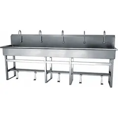 This five-station freestanding wash station is constructed from 16 ga material and features a 97-inch bowl length and 8-inch bowl depth. It has a flow rate of 2 gpm and does not include a side splash. Suitable for high-traffic industrial environments requiring multiple handwashing stations.