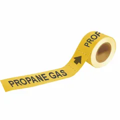 Yellow adhesive pipe marker with black legend reading 'Propane Gas' and directional arrows. Each roll contains 25 markers for pipe outer diameters from 2-1/2 to 6 inches. Used to identify propane gas lines in industrial piping systems, supporting safety and compliance.
