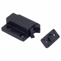Plastic grab-type door catch with push-to-open action. Height 1/2 in, width 1 7/16 in. Used in cabinets, enclosures, and access panels for simple latching.
