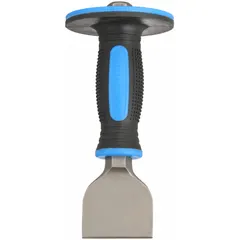 This hand-guarded mason's chisel is designed for cutting, shaping, and splitting brick, block, and stone in masonry work. It features a steel construction and includes a handguard to protect the user's hand from mis-strikes. Overall length is 7 1/2 inches.