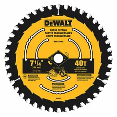 Carbide circular saw blade with 7-1/4 in diameter, 40 teeth, 0.07 in kerf, and 5/8 in arbor. Designed for cutting wood, including lumber, plywood, and composite wood materials in construction and woodworking applications.