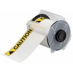 Polyester white label roll with CAUTION header, each label 4 in x 6 in on a 6 1/4 in x 50 ft roll. Acrylic adhesive. Compatible with GlobalMark printer series. Used for marking equipment, pipes, or areas requiring caution identification.