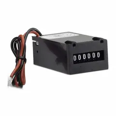 Electromechanical counter with base mounting style for rear-panel installation. Measures 2 1/4 in x 1 1/2 in and operates on 12 V DC to 24 V DC. Complies with REACH standards. Suitable for counting cycles, events, or production output in industrial machinery and process control systems.