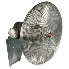 This Dayton hazardous-location fan is designed for wall mounting via bracket, featuring a 30-inch blade diameter and a 3/4 hp motor. It operates on 115/230V AC with a single speed and non-oscillating airflow. Suitable for ventilation in environments where flammable dust, vapors, or gases may be present.