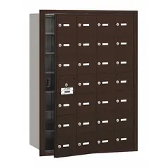 Horizontal multi-unit mailbox with 27 lockable front doors for secure mail distribution. Recessed mounting design for space-saving installation. Dimensions: 40 3/4 in H x 29 1/4 in W x 16 1/2 in D. Suitable for apartment buildings, condominiums, or commercial facilities.
