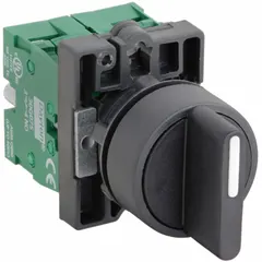 Three-position maintained selector switch with short-handled knob and non-metallic bezel. Provides On/Off/On switching for manual control of industrial machinery, conveyors, and panel-based equipment. AC rated 10 A at 600 V, DC rated 2.5 A at 600 V. Plastic operator head, non-illuminated, no cam included.