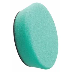This 3-inch diameter green foam pad features a hook-and-loop backing for quick attachment to polishers. Its smooth texture and beveled cut are suited for polishing and finishing aluminum surfaces in automotive and metalworking applications.
