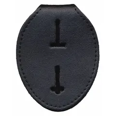 This black leather badge holder measures 3 inches by 3-3/4 inches, accommodating standard ID badges and access cards. It is suited for use in industrial, commercial, and security environments where visible identification is required.