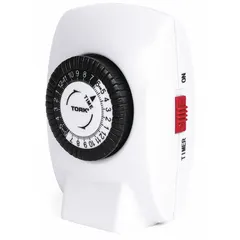 Indoor-rated electromechanical plug-in timer switch with a 24-hour setting and NEMA 5-15R receptacle. Operates at 125V AC for simple on/off scheduling of lighting, fans, or small appliances in indoor environments where astronomic timing is not required.