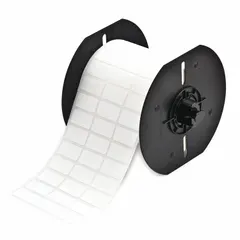 Acrylic, permanent adhesive precut label roll measuring 1/2 in x 1 in. Halogen-free material. Each roll contains 5,000 labels. Compatible with BBP33/i3300 printer series. Used for on-demand identification and labeling in industrial environments such as cable marking, component labeling, and asset tracking.