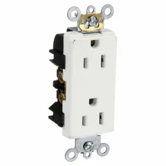 General purpose duplex receptacle with decorator style face. Rated 125V AC, 15A, NEMA 5-15 configuration, 2 pole/3 wire. White finish. Suitable for standard wall box installation in residential, commercial, and light industrial applications for power distribution.