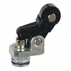 This roller plunger head features a fixed metallic lever arm with top actuator location and momentary action. It is designed for use with TELEMECANIQUE SENSORS XCMD series limit switches. Typical applications include position sensing in industrial automation, such as conveyor systems, packaging machinery, and material handling equipment.